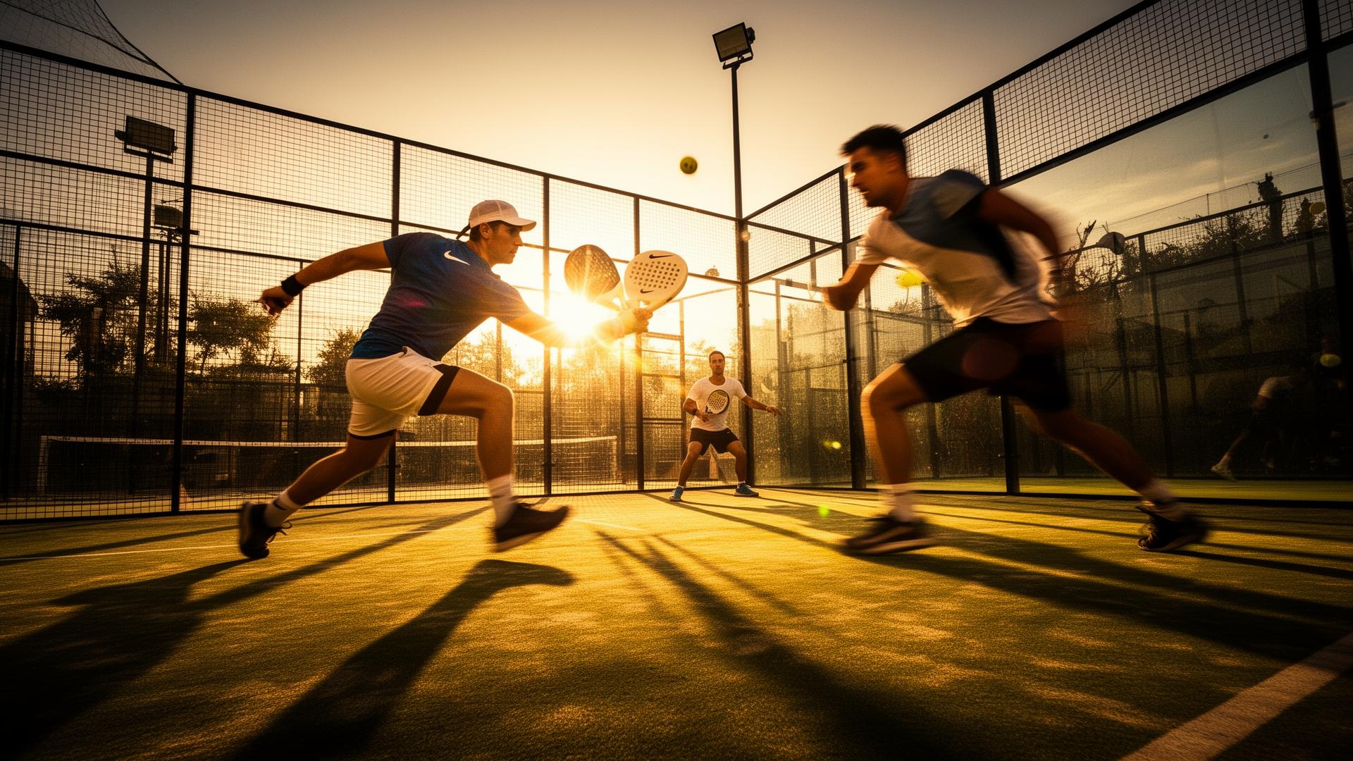 Athletes playing padel at sunset